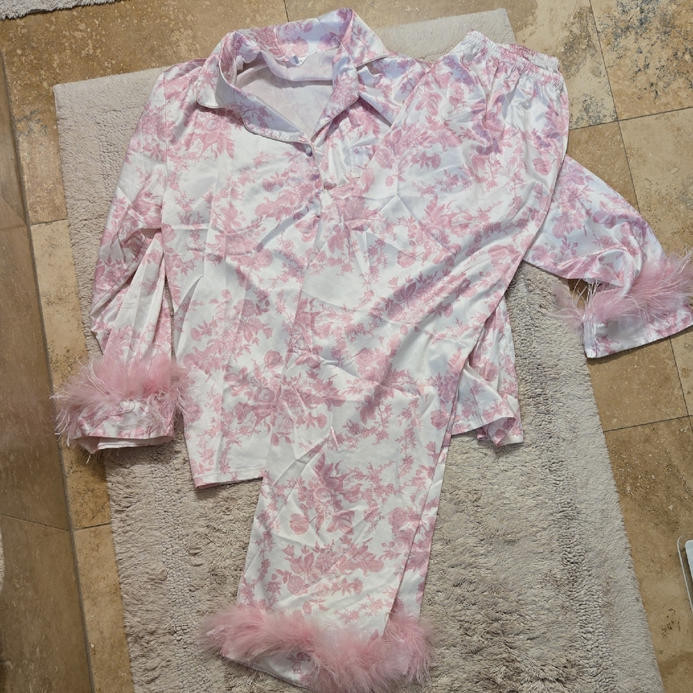 Pink and White Feather Trim Pajama Set